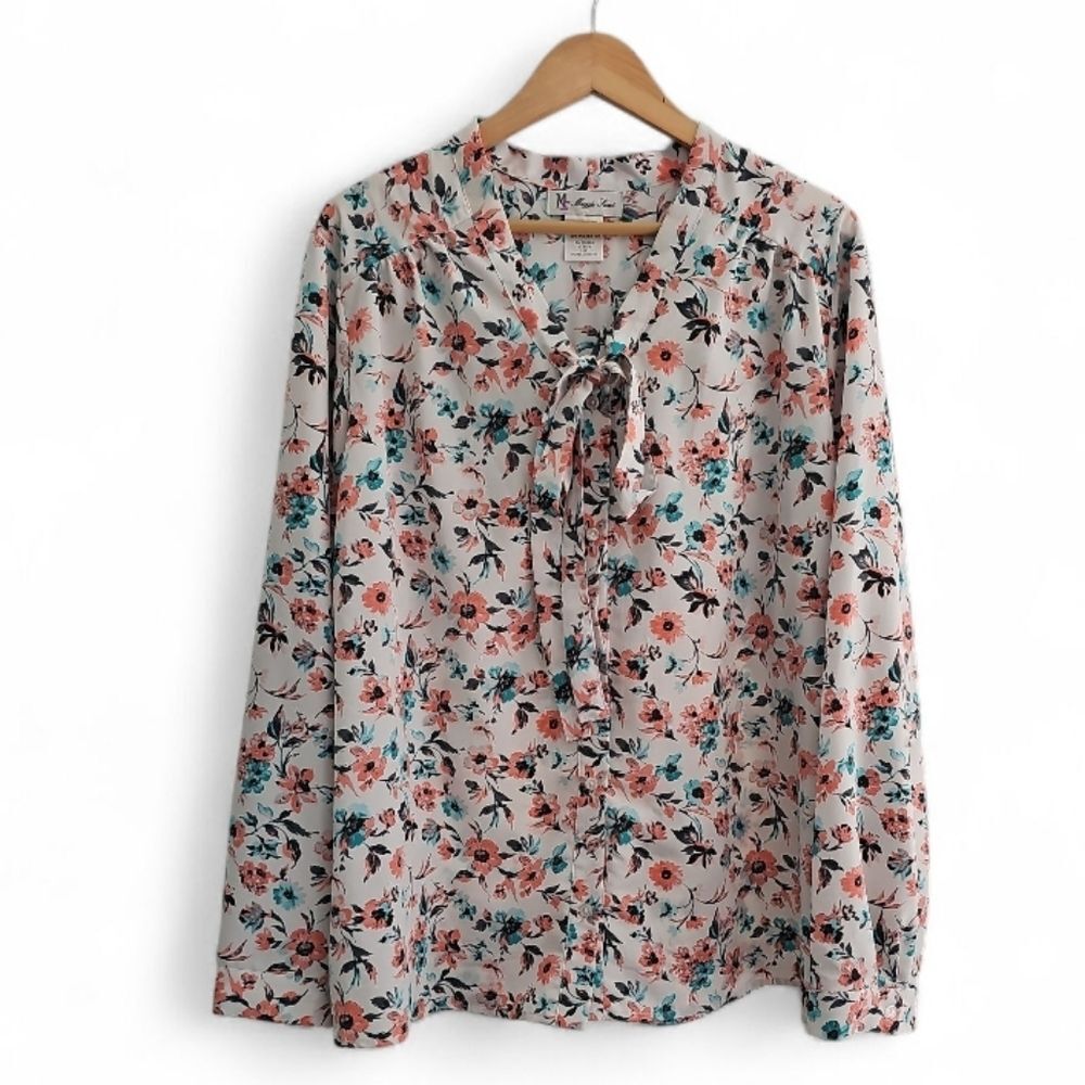 Maggie Sweet Floral Bow Tie Blouse Women's 3X Romantic Cottagecore Lightweight